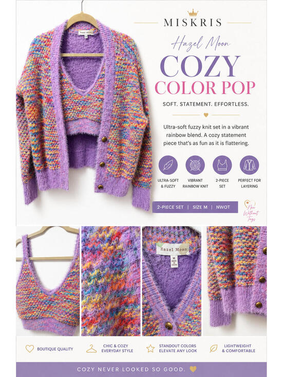 Hazel Moon Sweaters - Hazel Moon Fuzzy Knit Cardigan & Bralette Set M Rainbow Speckled Soft Cozy Bouti